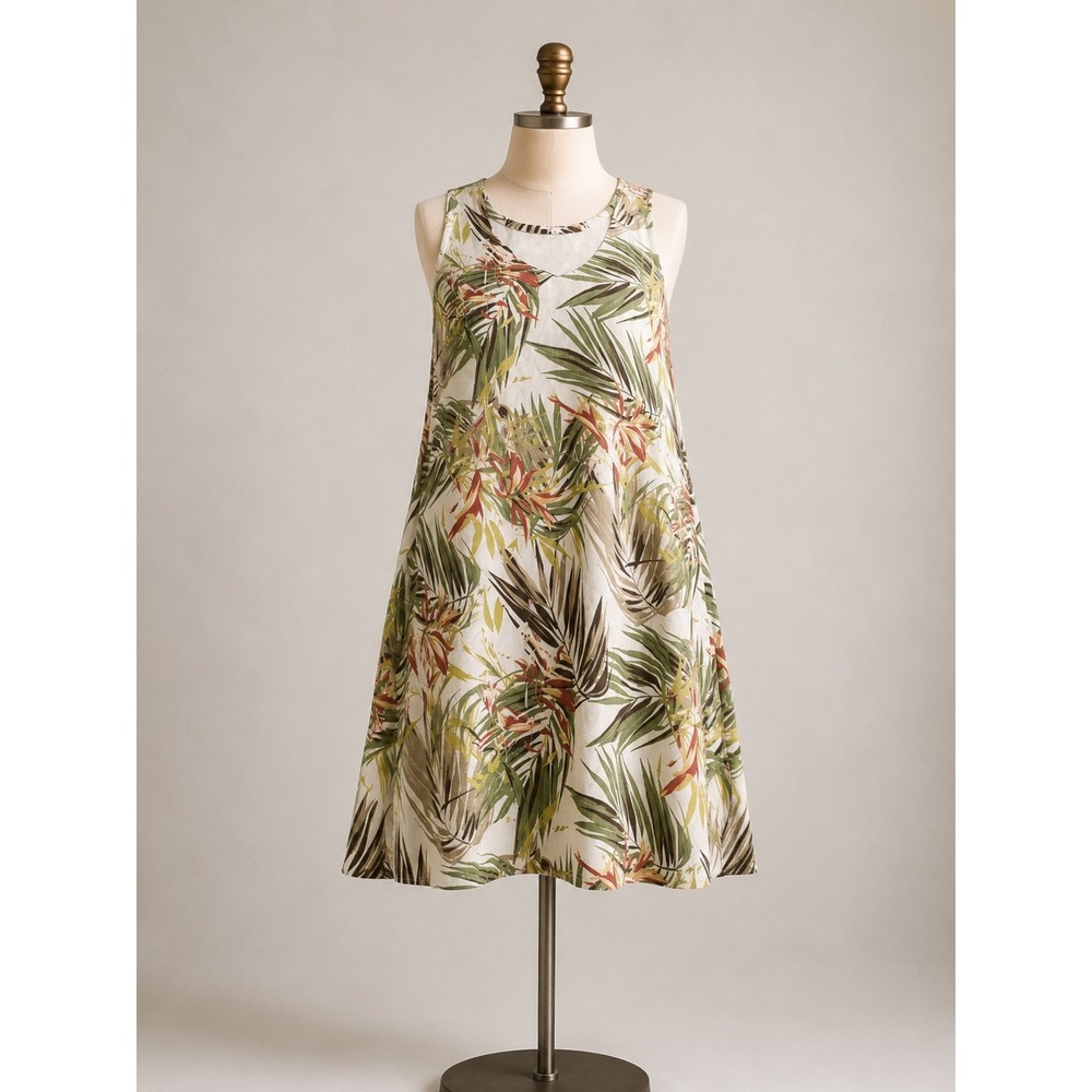 J Jill Dress Women XL Green Linen Beachy Tropical Palm Resort Sleeveless Natural